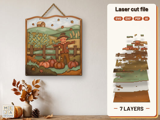 Rustic Autumn Scarecrow Sign laser cut file: the finished layered piece, hand painted