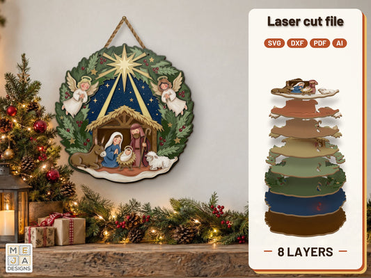 Nativity Wreath Door Hanger laser cut file: the finished layered piece, hand painted