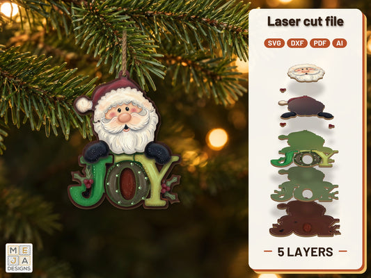 Joy Santa Ornament laser cut file: the finished layered piece, hand painted
