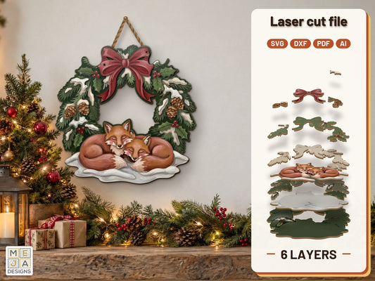 Snowy Fox Pair Wreath laser cut file: the finished layered piece, hand painted