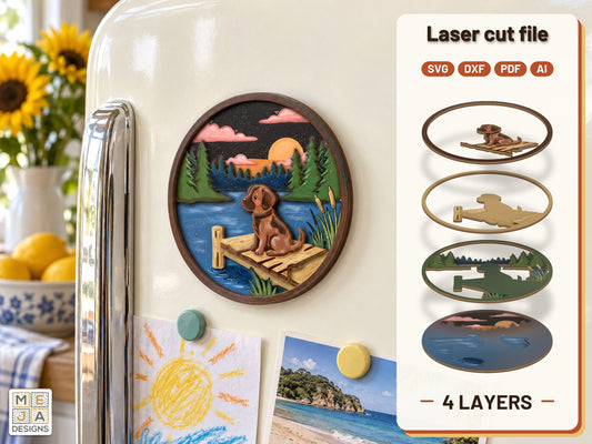 Lakeside Puppy Dock Magnet laser cut file: the finished layered piece, hand painted