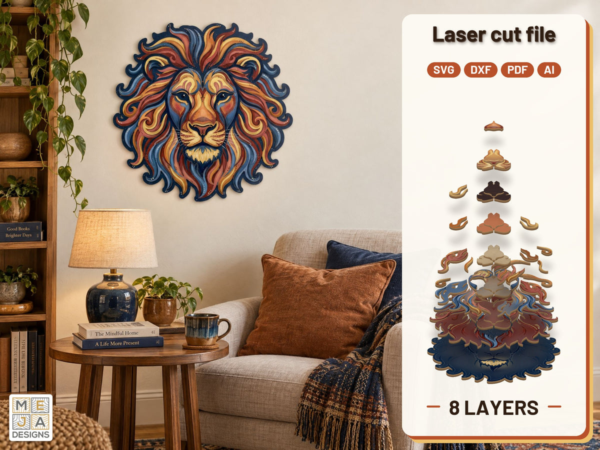 Swirl Lion Head Sign laser cut file: the finished layered piece, hand painted