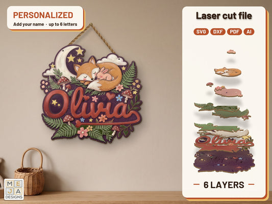 Sleeping Fox Name Sign laser cut file: the finished layered piece, hand painted