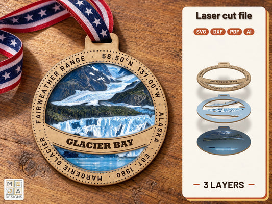 Glacier Bay National Park Ornament laser cut file: the finished layered piece, hand painted