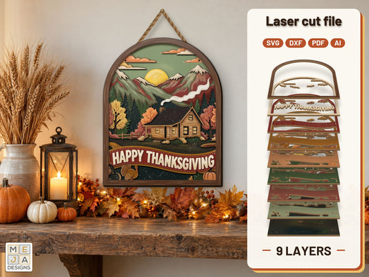 Mountain Thanksgiving Cabin Sign laser cut file: the finished layered piece, hand painted
