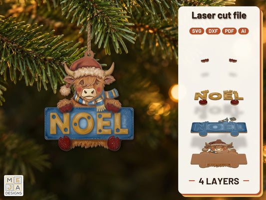 Highland Cow Noel Ornament laser cut file: the finished layered piece, hand painted