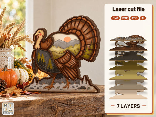 Wild Turkey Forest Sitter laser cut file: the finished layered piece, hand painted