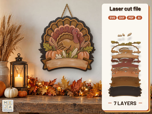 Thanksgiving Turkey Ribbon Sign laser cut file: the finished layered piece, hand painted