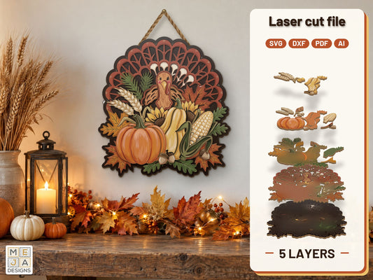 Harvest Turkey with Fancy Tail laser cut file: the finished layered piece, hand painted