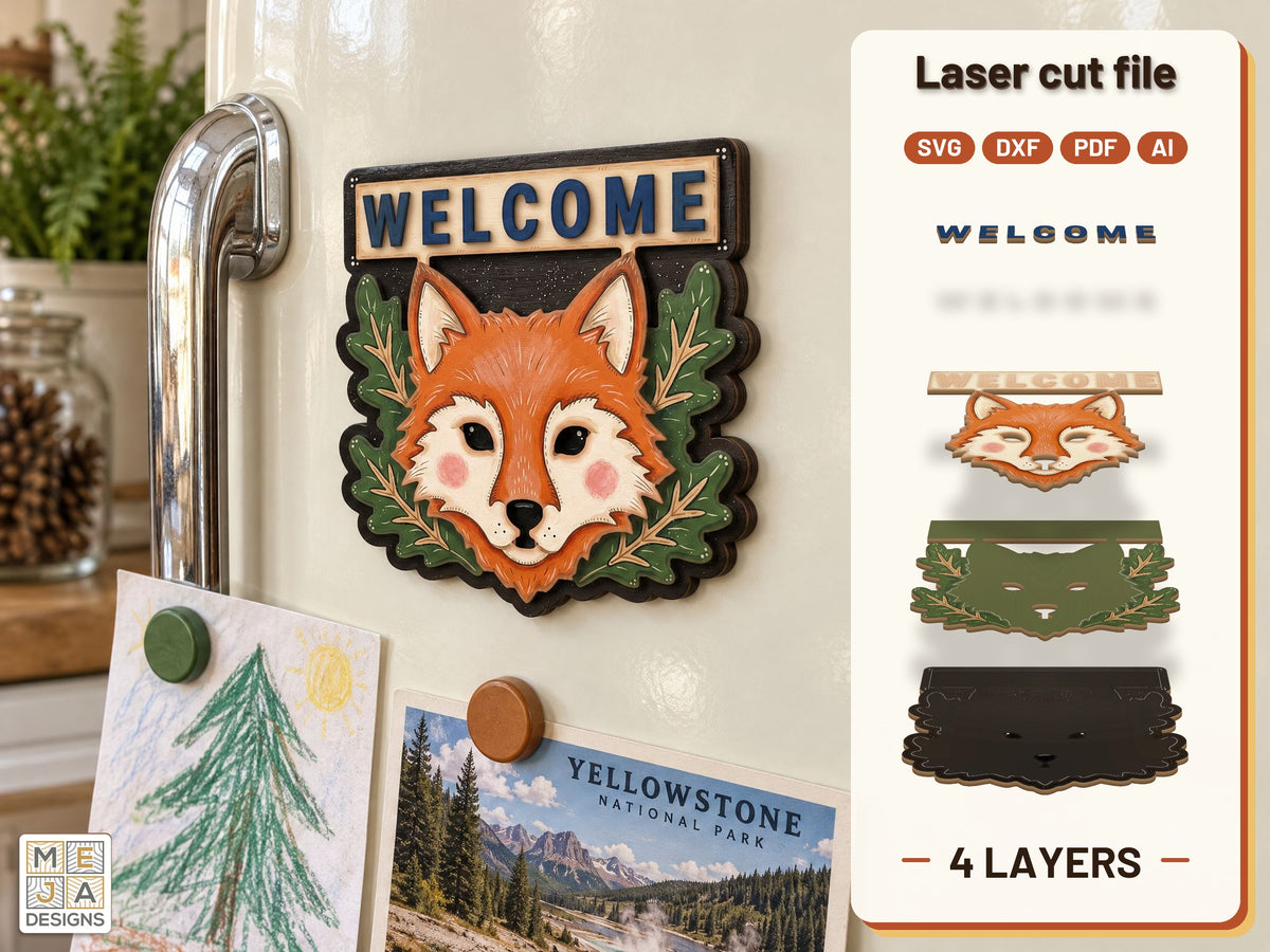 Fox Welcome Magnet laser cut file: the finished layered piece, hand painted