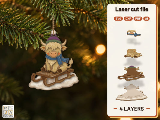 Highland Cow Sled Ornament laser cut file: the finished layered piece, hand painted