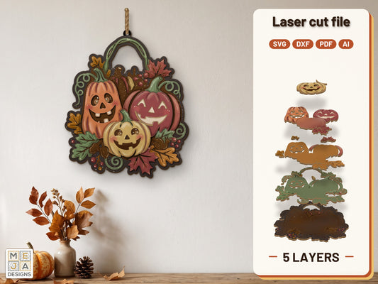 Curly Vine Jack-O'-Lantern Trio laser cut file: the finished layered piece, hand painted