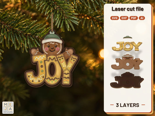 Gingerbread JOY Ornament laser cut file: the finished layered piece, hand painted