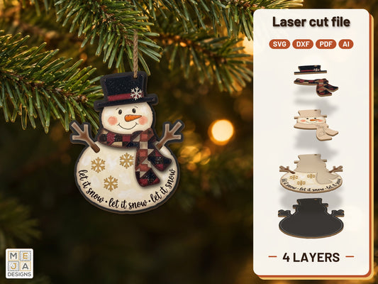 Buffalo Plaid Snowman Ornament laser cut file: the finished layered piece, hand painted