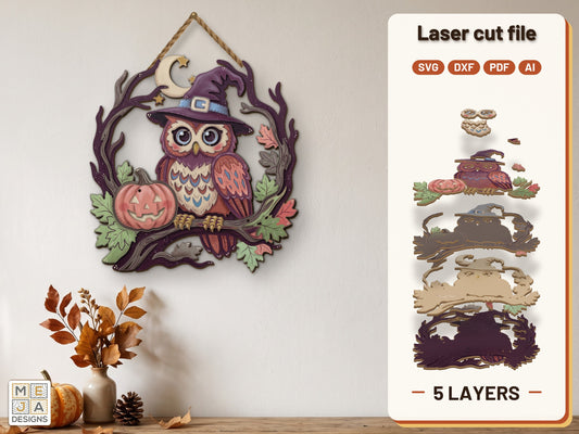 Witch Hat Owl Sign laser cut file: the finished layered piece, hand painted