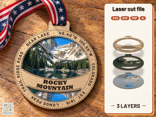 Rocky Mountain National Park Ornament laser cut file: the finished layered piece, hand painted
