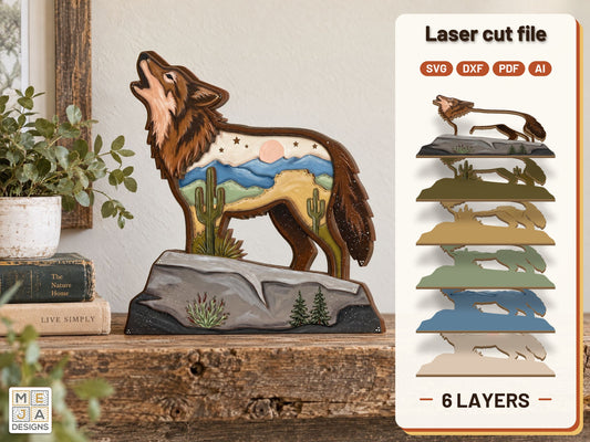 Howling Coyote Desert Sitter laser cut file: the finished layered piece, hand painted