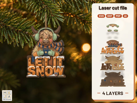 Highland Cow Let It Snow Ornament Laser Cut File