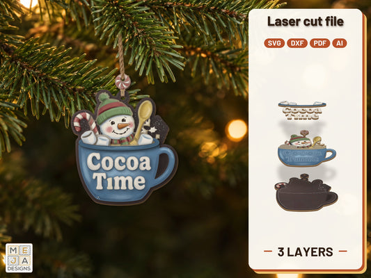 Snowman Cocoa Mug Ornament laser cut file: the finished layered piece, hand painted