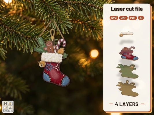 Gingerbread Christmas Stocking Ornament laser cut file: the finished layered piece, hand painted