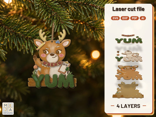 Juniper Reindeer YUM Ornament laser cut file: the finished layered piece, hand painted