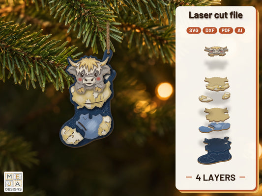 Highland Calf Stocking Ornament laser cut file: the finished layered piece, hand painted
