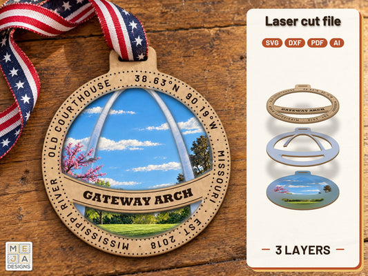 Gateway Arch National Park Ornament laser cut file: the finished layered piece, hand painted