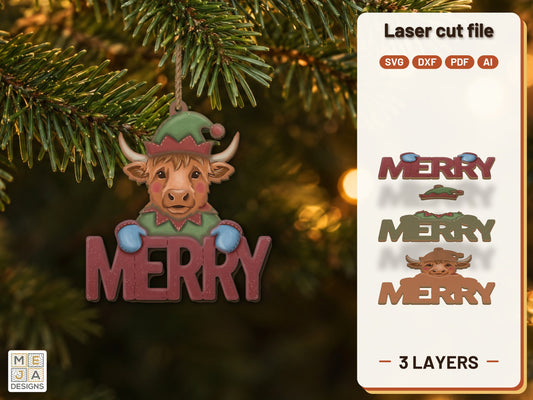 Highland Cow Elf Ornament laser cut file: the finished layered piece, hand painted