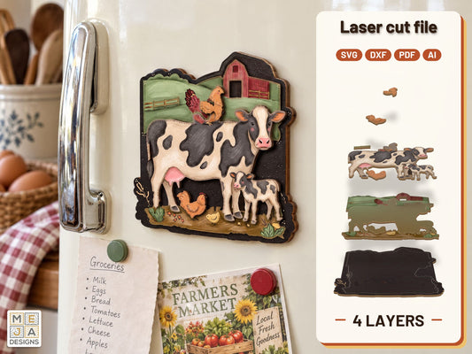 Farmyard Cow Family Magnet laser cut file: the finished layered piece, hand painted