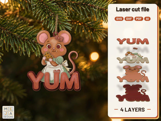 Cookie Mouse YUM Ornament laser cut file: the finished layered piece, hand painted