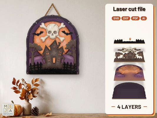 Skull Haunted House Sign laser cut file: the finished layered piece, hand painted