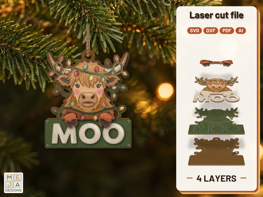 Highland Cow Christmas Ornament laser cut file: the finished layered piece, hand painted