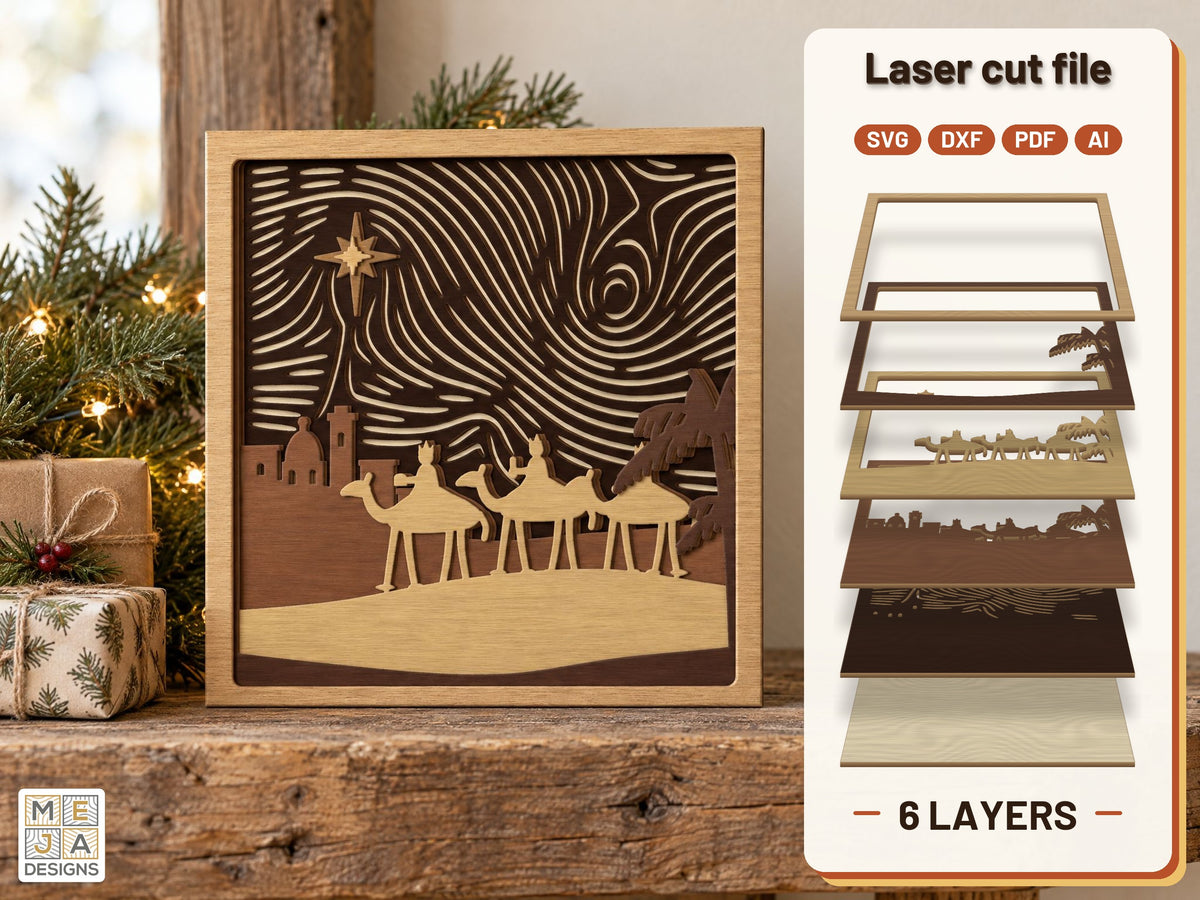 Three Wise Men Layered Scene laser cut file: the finished layered piece, hand painted