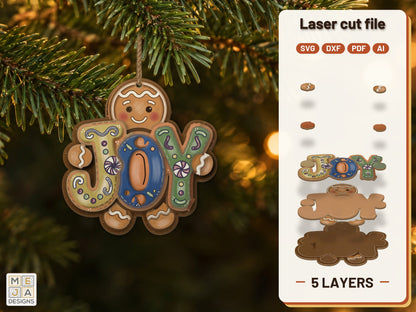 Gingerbread JOY Ornament laser cut file: the finished layered piece, hand painted