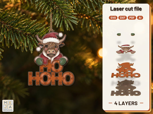 Highland Cow Santa Ornament laser cut file: the finished layered piece, hand painted
