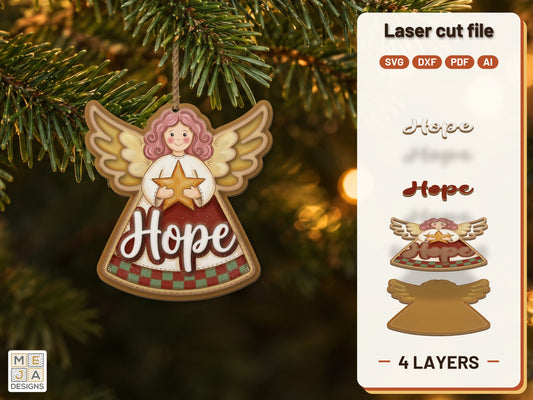 Rustic Hope Angel Ornament laser cut file: the finished layered piece, hand painted