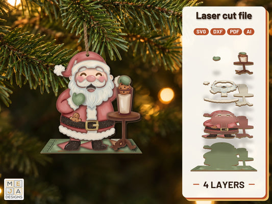 Santa Milk and Cookie Ornament laser cut file: the finished layered piece, hand painted