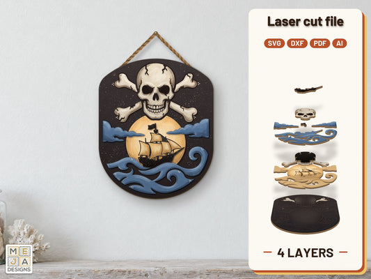 Skull and Crossbones Ship laser cut file: the finished layered piece, hand painted