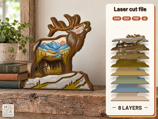 Bugling Elk Shelf Sitter laser cut file: the finished layered piece, hand painted