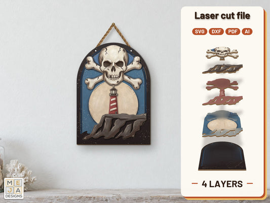 Skull Lighthouse Moon Sign laser cut file: the finished layered piece, hand painted