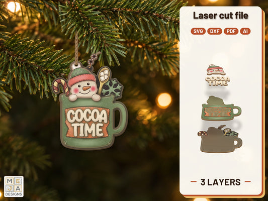 Snowman Cocoa Mug Ornament laser cut file: the finished layered piece, hand painted