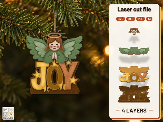 Rustic JOY Angel Ornament laser cut file: the finished layered piece, hand painted