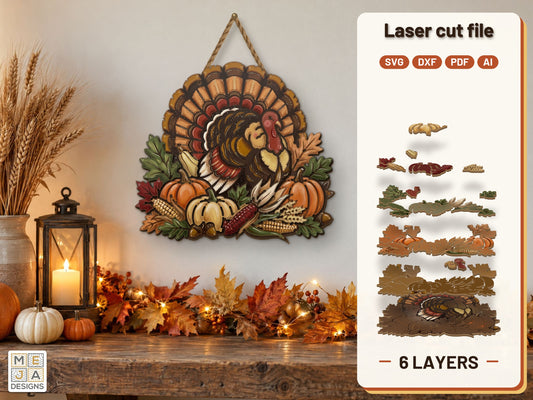Harvest Turkey Pumpkin Row laser cut file: the finished layered piece, hand painted