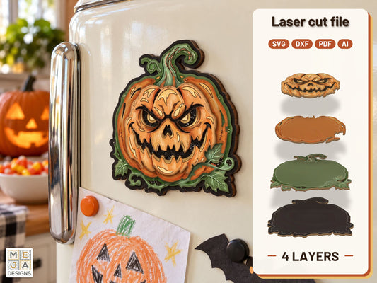 Midnight Jack-O'-Lantern Magnet laser cut file: the finished layered piece, hand painted