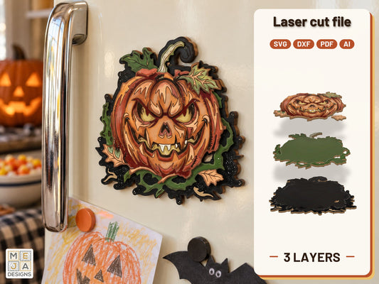 Fall Leaves Jack-O'-Lantern Magnet laser cut file: the finished layered piece, hand painted