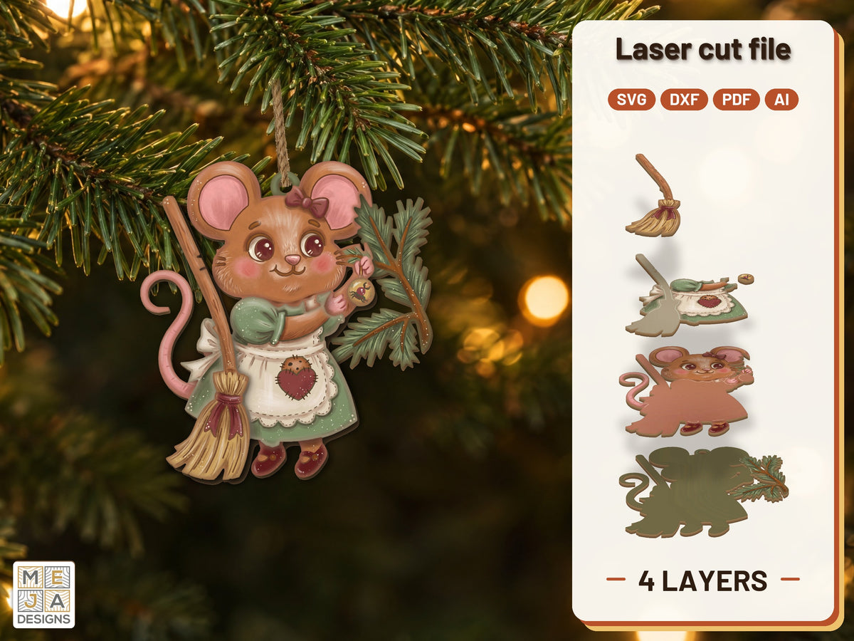 Kitchen Mouse Ornament laser cut file: the finished layered piece, hand painted