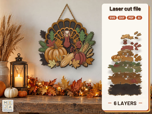 Front Facing Harvest Turkey laser cut file: the finished layered piece, hand painted
