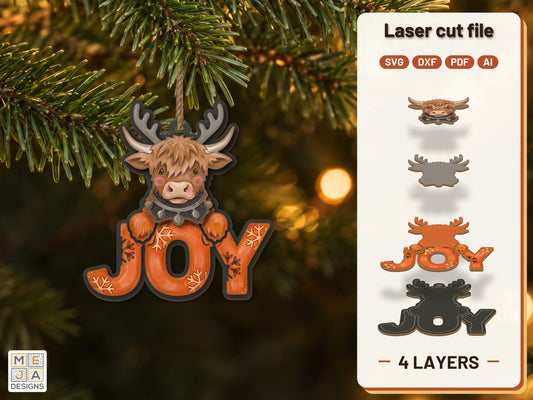 Highland Cow Joy Ornament laser cut file: the finished layered piece, hand painted