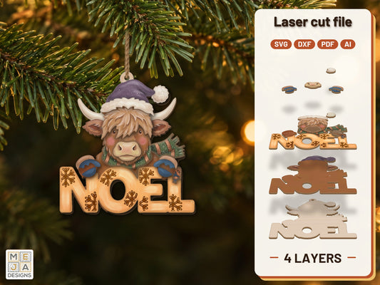 Highland Cow Noel Ornament laser cut file: the finished layered piece, hand painted