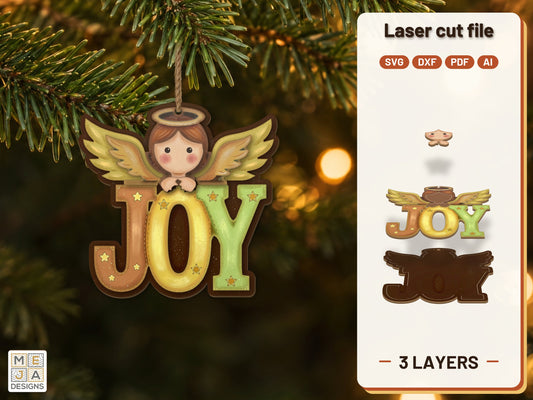 Joy Angel Ornament laser cut file: the finished layered piece, hand painted